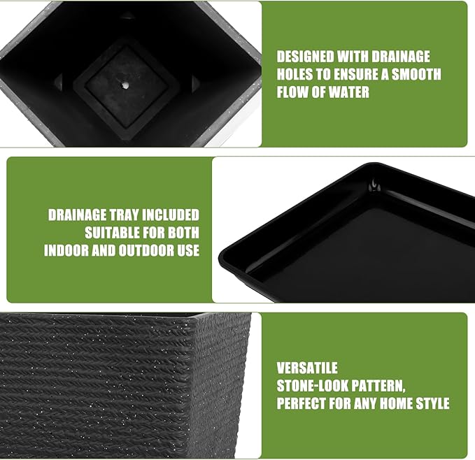 Tall Black Planter Set of 2 for Outdoor Indoor Plants,21.3in Large Tapered Plant Pots with Drainage Trays Holes,Resin Extra-Thick Flower Pots for Outdoor Patio Front Porch Backyard Decor-Ruum Studio Home