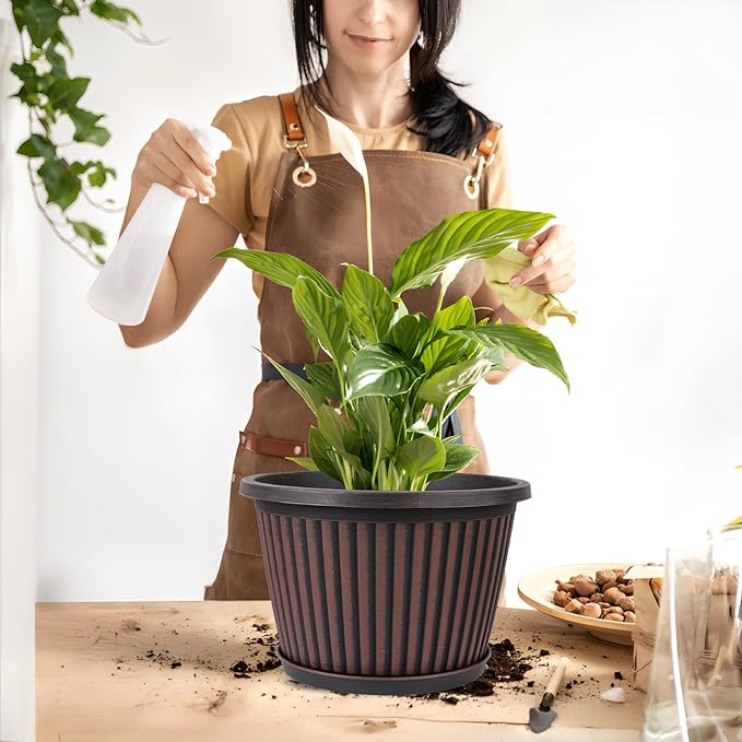 10 Inch Planter-Pots-for-Plants-Indoor-Outdoor, 4 Pack Plastic Flower Pots with Saucer & Drainage Holes, Modern Decorative Resin Garden Pots-Ruum Studio Home