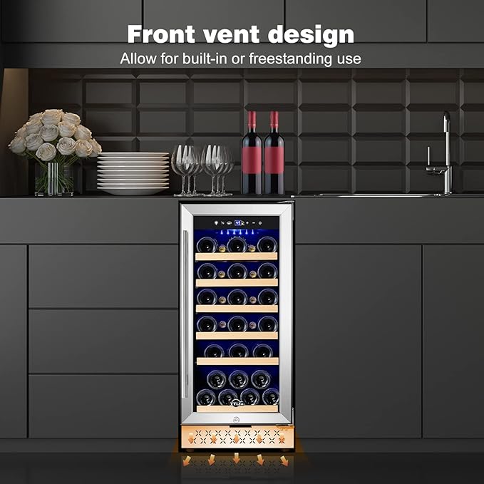 Tylza 15 Inch Wine Cooler Under Counter, 33 Bottle Built-in Wine Fridge with Stainless Steel Tempered Glass Door, Temp Memory Function, Freestanding Fast Cooling Wine refrigerator, Quiet Operation-Ruum Studio Home