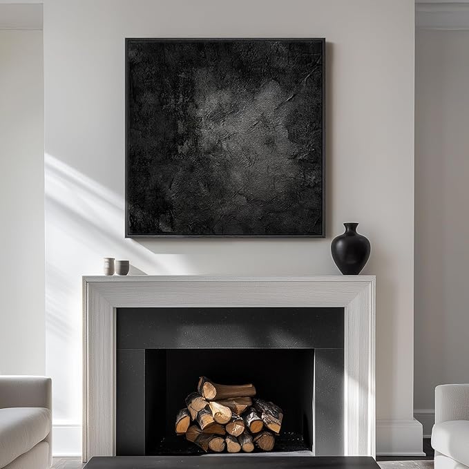 Framed Black Abstract Wall Art, Modern Canvas Prints Paintings Artwork for Walls, Square Minimalist All Black Pictures for Living Room, Hallway, Fireplace, Bedroom, Office, Bathroom Wall Decor-Ruum Studio Home