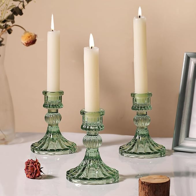 12PCS Green Candlestick Holders Set- 4" H Taper Candle Holders, Glass Candle Holders Bulk for Wedding, Party, Home Table Centerpieces, Festival Gifts & Windowsill Decor-Ruum Studio Home