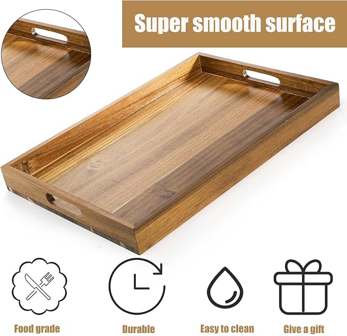 Acacia Wood Serving Tray with Handles - 17-Inch Large Wooden Tray for Ottoman - Perfect for Breakfast, Lunch, Dinner, Appetizers, Patio, Ottoman, Coffee Table,BBQ, Party – Great for Lap &Couch ﻿-Ruum Studio Home