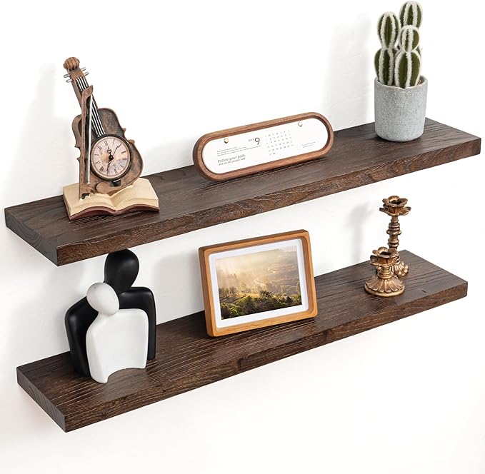 Floating Shelves for Wall Decor, 8 Inch Deep Rustic Solid Elm Wood Floating Shelves Wall Mounted, Wall Shelves with Invisible Bracket for Living Room Bathroom Bedroom Kitchen, 36 Inch Set of 2, Walnut-Ruum Studio Home