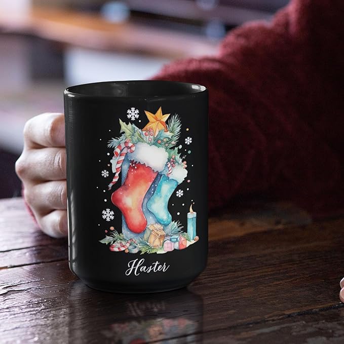 Custom Funny Christmas Cup, Christmas Sock With Gifts And Candle Design Mug, Customized Name Christmas Black Cup 11oz 15oz, Personalized Coffee Mug For Christmas, Christmas Sock Detailed Cup-Ruum Studio Home