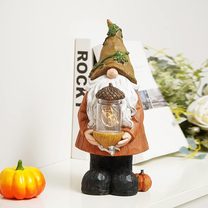 Topadorn Fall Garden Gnome Statue Light, Autumn Harvest Gnome Figurine with Pine Cone on Hand for Fall Harvest Party Thanks, Autumn Thanksgving Gifts for Famliy-Ruum Studio Home