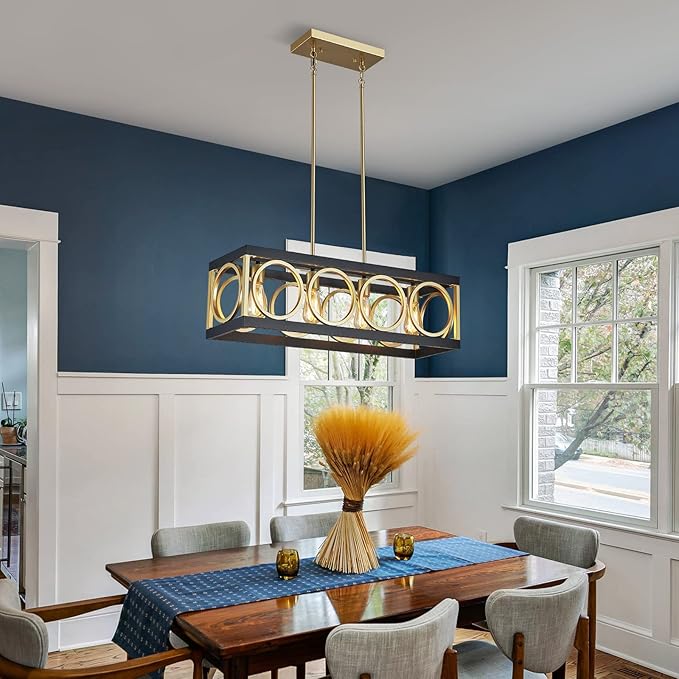 XINGQI Modern Rectangle Chandelier, Farmhouse Kitchen Island Lighting Rustic Industrial Hanging Light Fixture 4-Light Metal Linear Pendant for Dining Room Living Room Hallway, Black and Gold-Ruum Studio Home