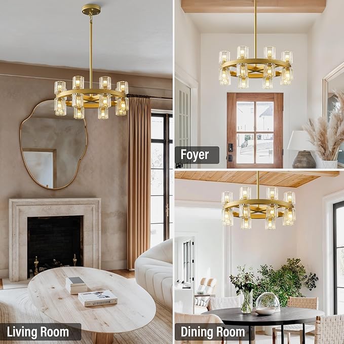 Gold Chandelier Light Fixture Kitchen and Dining, 16-Lights Modern Chandeliers for Dining Room, 18" Farmhouse Kitchen Pendant Lights Over Table, Crystal Wagon Wheel Chandelier(Bulbs Included)-Ruum Studio Home
