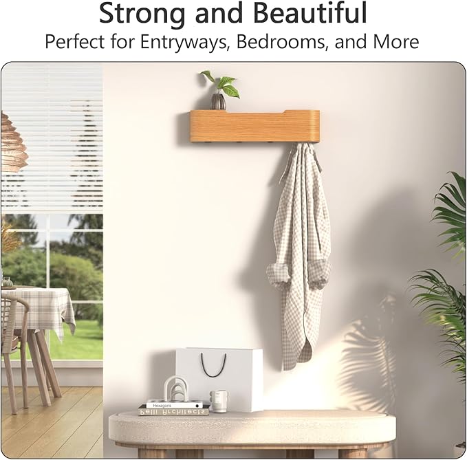 Coat Rack Wall Mount with Hidden Hooks Entryway Hanging Shelf Modern Wood Coat Hanger for Bedroom Kitchen Hallway Bathroom (Oak, 16.6 Inch Long)-Ruum Studio Home