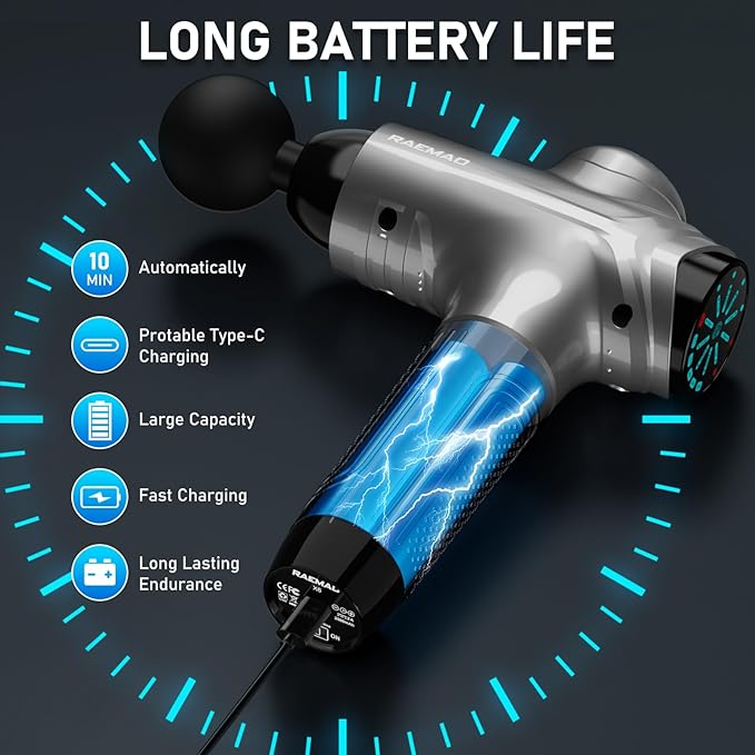 RAEMAO Massage Gun, Handheld Electric Deep Tissue Muscle Massager for Athletes for Pain Relief Attaching 8 Replacement Heads, Percussion Massager with 10 Speeds, Father's Day Gifts, Grey-Ruum Studio Home