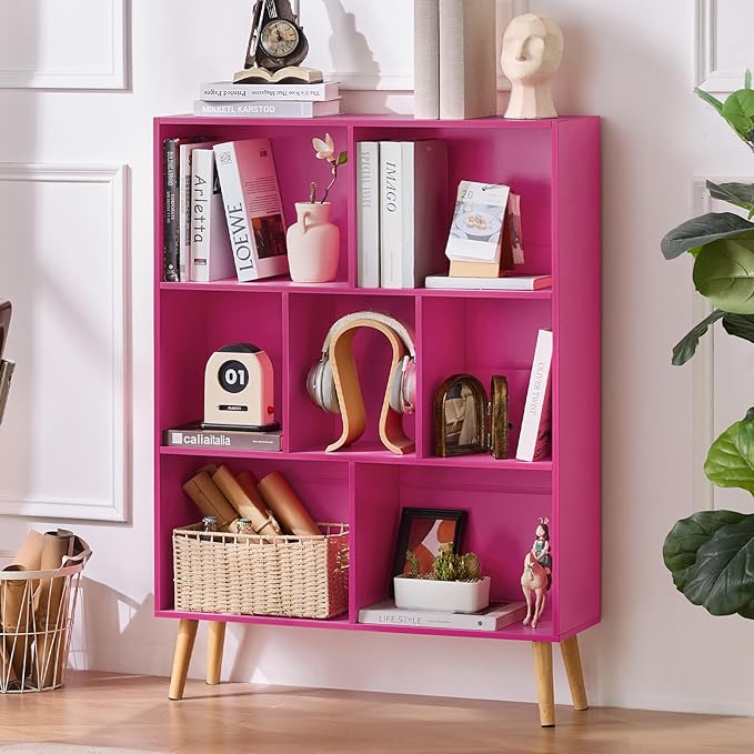 LEYAOYAO 7 Cube Bookshelf,3 Tier Book Shelf with Legs,Pink Modern Bookshelf,Large Freestanding Open Toy Modern Bookshelves,Display Bookcases Decor Furniture for Nursery-Ruum Studio Home