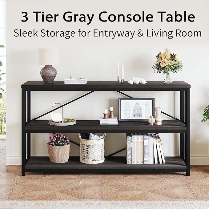LVB Industrial Console Table, Metal and Wood Sofa Table, Rustic Entryway Table with Storage, Modern 3 Tier Shelf Long Foyer Tables Behind Couch for Home Living Room Hallway, Dark Gray Oak, 55 Inch-Ruum Studio Home