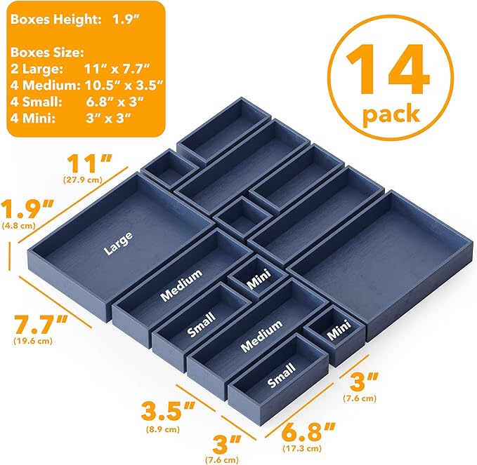 SpaceAid 14-Piece Bamboo Drawer Organizer Storage Boxes Set, Wood Tray Junk Drawer Organizers Multi-Use Divider Bins for Kitchen, Bathroom, Office Desk and Makeup Organization (14 Pack, Navy Blue)-Ruum Studio Home