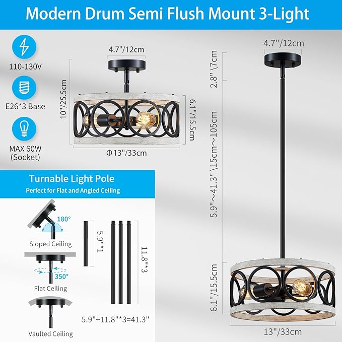 XINGQI White Chandelier 3-Light Modern Ceiling Light Rustic Wood Grain Adjustable Height Pendant Lighting Fixture 13" Round Metal Lamp for Dining Room Kitchen Bedroom Foyer Hallway-Ruum Studio Home