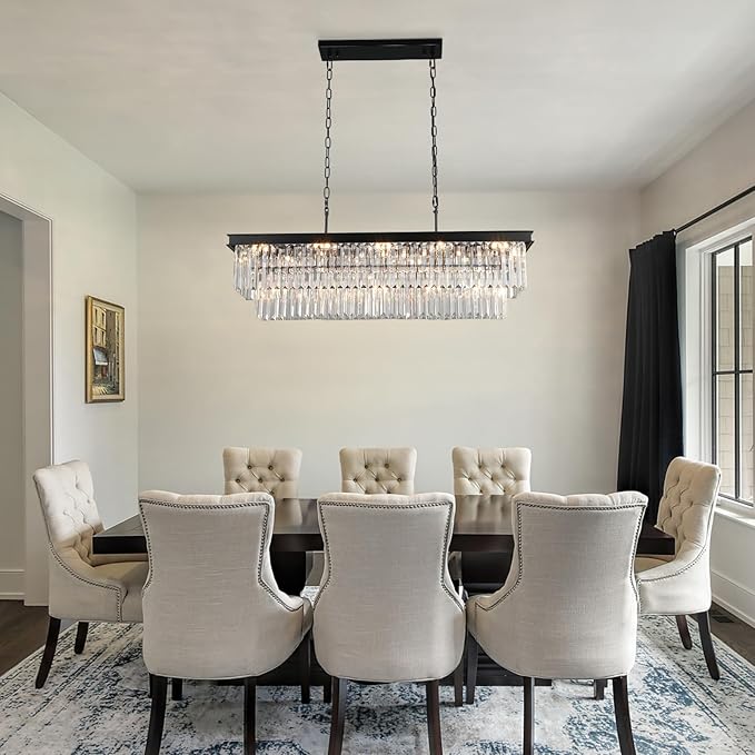 Crystal Chandeliers for Dining Room Light Fixtures Over Table，15-Lights Black Modern Rectangle Chandeliers for Kitchen Island Bar L40 Inch-Ruum Studio Home