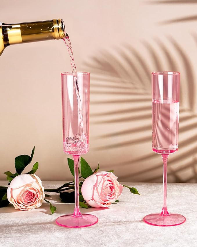 Ciaell 24 Pack Pink Plastic Champagne Flutes - Pink 6 Oz Disposable Champagne Glasses - Square Plastic Toasting Glasses for Party Birthday Anniversary Wedding-Ruum Studio Home