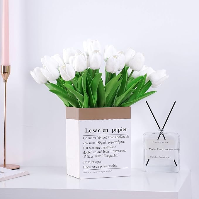 20pcs White Artificial Tulip Fake Flower 12.9 Inch Spring Mother's Day Easter Gift for Home Kitchen Wedding Decoration-Ruum Studio Home