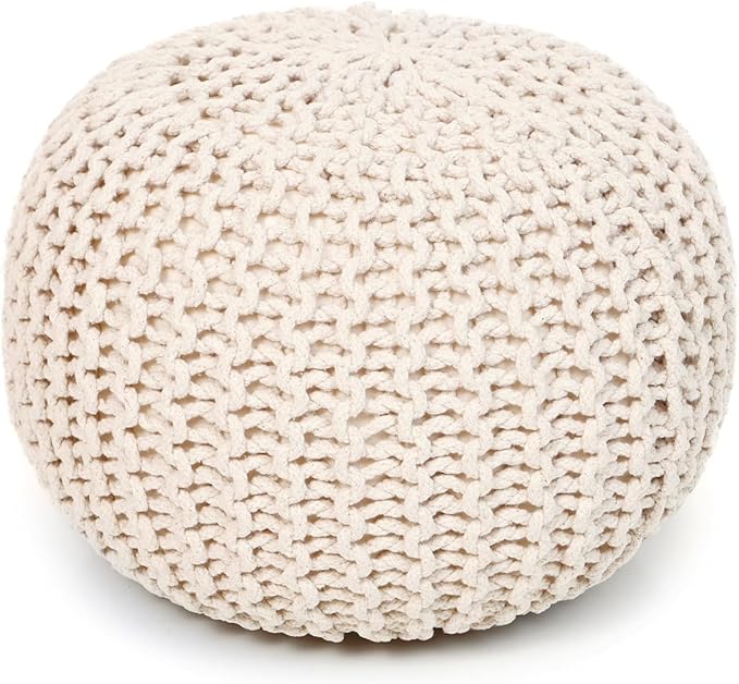 REDEARTH Round Pouf Ottoman - Cable Knitted Boho Poof - Home Décor Cord Pouffe Handmade Circular Footrest for Living Room - Bedroom - Kids Bedroom - 100% Cotton Pouf (19.5"x19.5"x14") - Natural-Ruum Studio Home