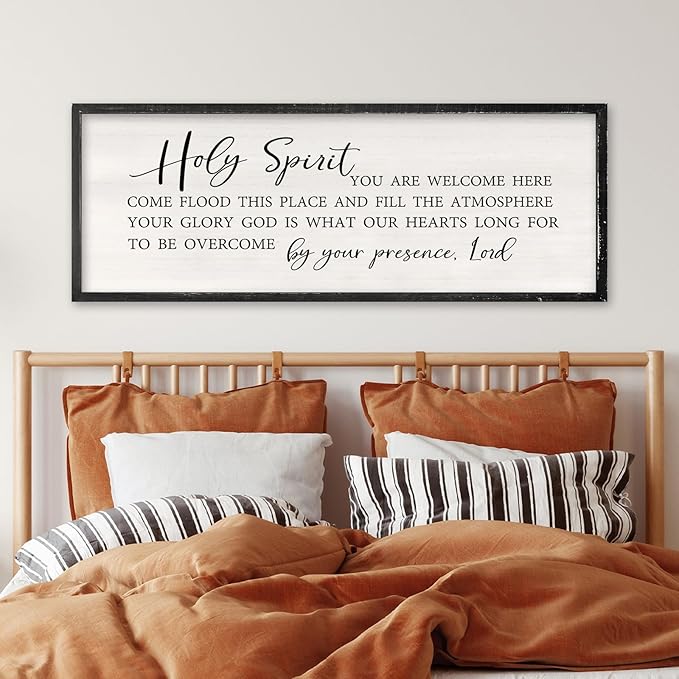 Holy Spirit You are Welcome Here Wall Decor Art 32x12 Inch Large Christian Song Bible Verse Plaque Wood Framed Sign Living Room Scripture Quote Religious For Office Wall Hanging (Black)-Ruum Studio Home