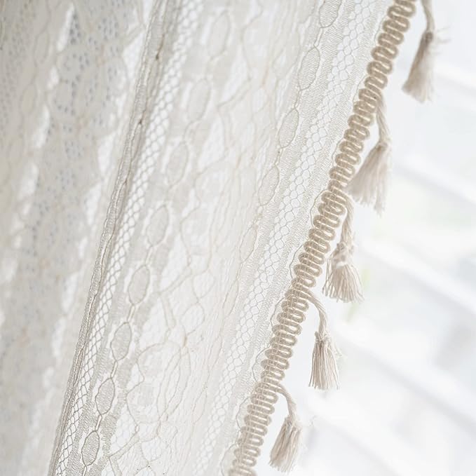 Sutuo Home Boho Curtain Crochet Lace Semi-Sheer Florals Hollow Knitted Handmade Tassels, Rod Pocket Window Treatment Vintage Rustic Farmhouse Drapes for Living Bedroom, 1 Panel 59" W x 108" L, Beige-Ruum Studio Home