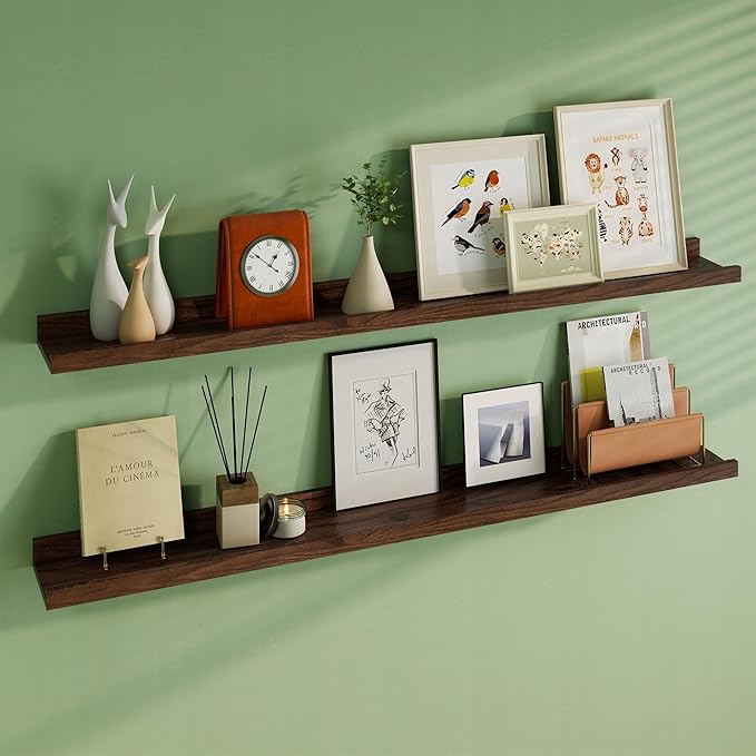 Floating Picture Ledge Shelves 55 Inch Solid Oak Wood Set of 2, Rustic Wall Storage Shelves with Lip, Kids Bookshelf, Photo & Picture Ledge Shelves for Bedroom, Living Room, Kitchen-Ruum Studio Home