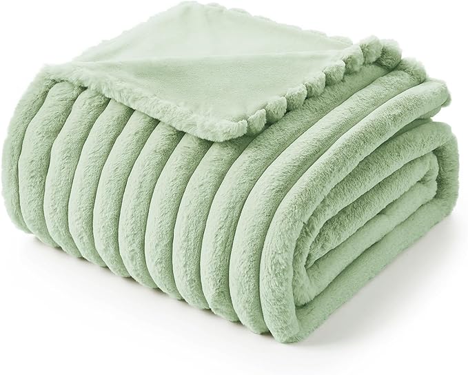 Amélie Home Faux Fur Throw Blanket for Couch, Cozy Fuzzy Fluffy Fur Luxurious Soft Striped Plush Gift Blankets for Family Sofa Chair Bed Living Room Bedroom, 55"x70", Sage Green-Ruum Studio Home