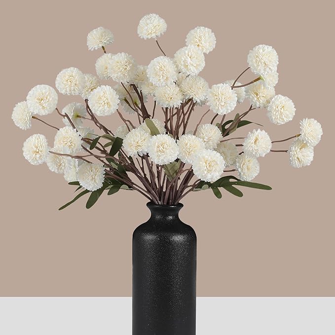 Faux White Kiku Flowers 10 Stems & 2 Eucalyptus, Fake Mums Pompon Flower Ball, Autumn Artificial Chrysanthemums Flowers for Boho Bedroom Decor, Silk Mini Faux Kiku Flower Wedding Arrangements Decor-Ruum Studio Home
