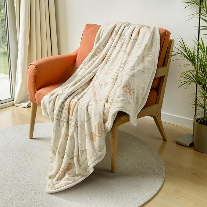 Lahome Trible Printed Blanket Aztec Beige Throw Blanket for Couch Soft Cozy Flannel Fluffy Throw Blanket Fuzzy Retro Throw Blankets for Bed Sofa, Ivory 50''x60''-Ruum Studio Home