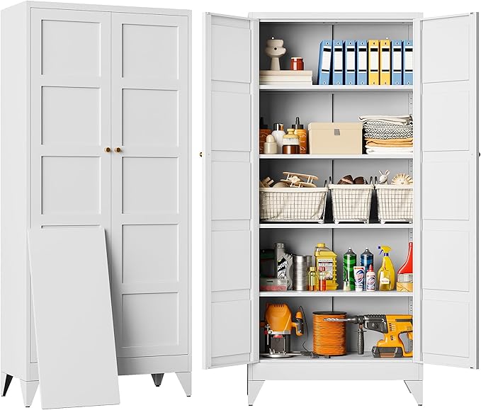 Metal Storages Cabinet with 2 Doors and 5 Shelves,Tall Storage Cabinet,Large Cupboard Closet,Pantry Storage Cabinet for Home,Office,Bathroom,Dining/Living Room (White, 71" H)-Ruum Studio Home