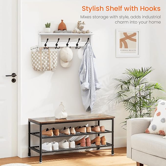 Homode Wall Shelf with Hooks, 24 Inch Coat Rack with Tri Hooks, Farmhouse Entryway Floating Coat Hanger with Storage for Bathroom, Entry Way, Mudroom, White-Ruum Studio Home