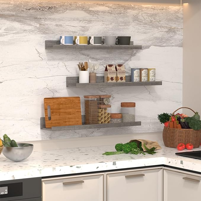 Giftgarden 24 Inch Grey Floating Shelves for Wall Mount, Gray Wood Wall Shelf Ledge for Bathroom Bedroom Living Room Kitchen Storage, Set of 3 Different Sizes-Ruum Studio Home