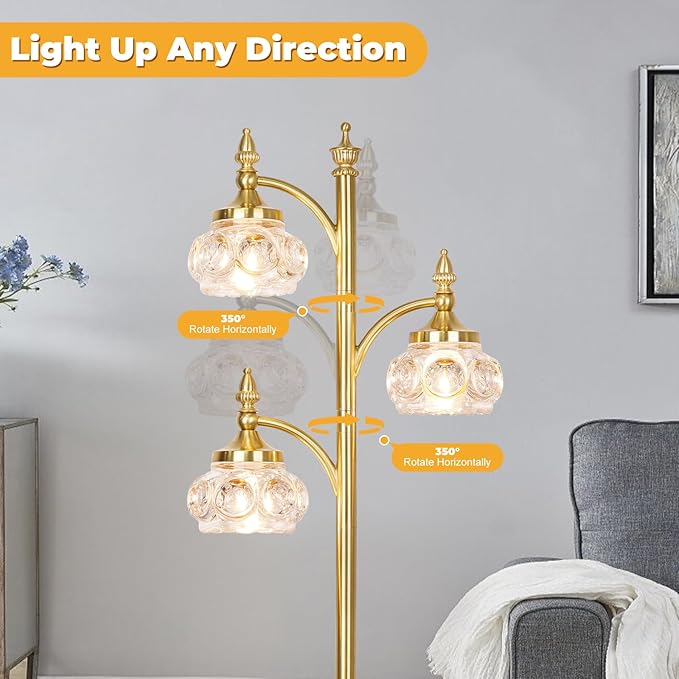 Gold Floor Lamp, Dimmable Tree Floor Lamps for Living Room Brass Tall Standing Lamp with 3 Rotatable Lights Glass Shade 66.5'' Modern Corner Lamp for Bedroom Office(3LED Bulbs Included)-Ruum Studio Home