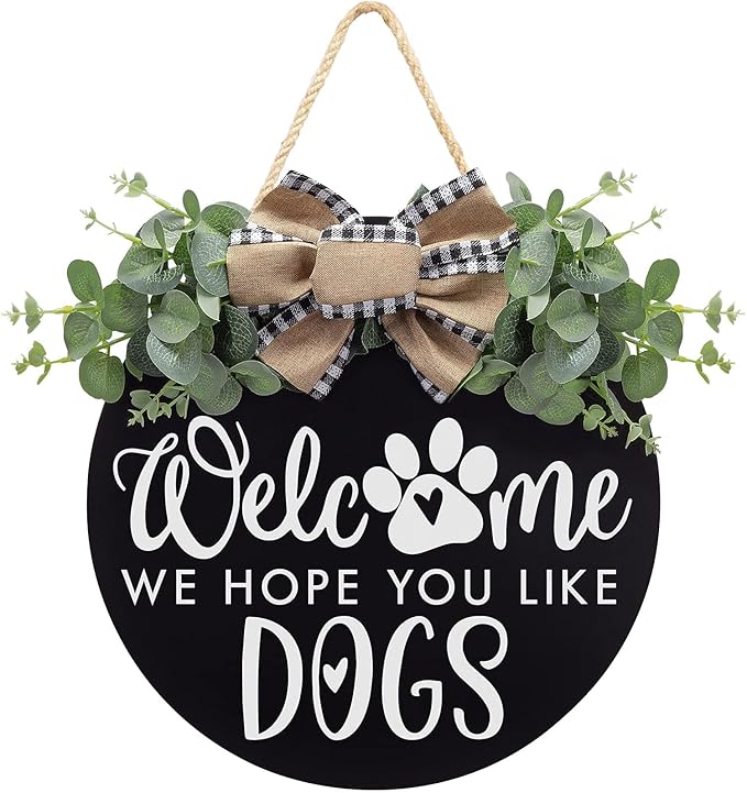 Welcome We Hope You Like Dogs Farmhouse Door Sign for Front Door Porch Decor with Eucalyptus Leaves & Buffalo Bow - Welcome Wreath Sign Hanging for Dogs Lovers Spring Summer Decor Housewarming Gift-Ruum Studio Home