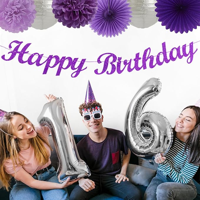 Purple Silver Birthday Party-Decorations Paper-Flowers - 14pcs Happy Banner Lavender Lanterns Tissue Pom Poms,Lilac Streamers Garland Fans,Women Girls Adult Kids Office Hanging Supplies Decor Hugfond-Ruum Studio Home