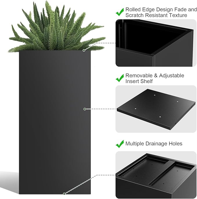 Tall Metal Cube Planter for Outdoor Plants 15" L x 15" W x 30" H, Heavy Duty Steel Planter Box with Removable Insert Shelf, Rectangular Planters for Porch, Garden, Yard, Hotel (Black)-Ruum Studio Home