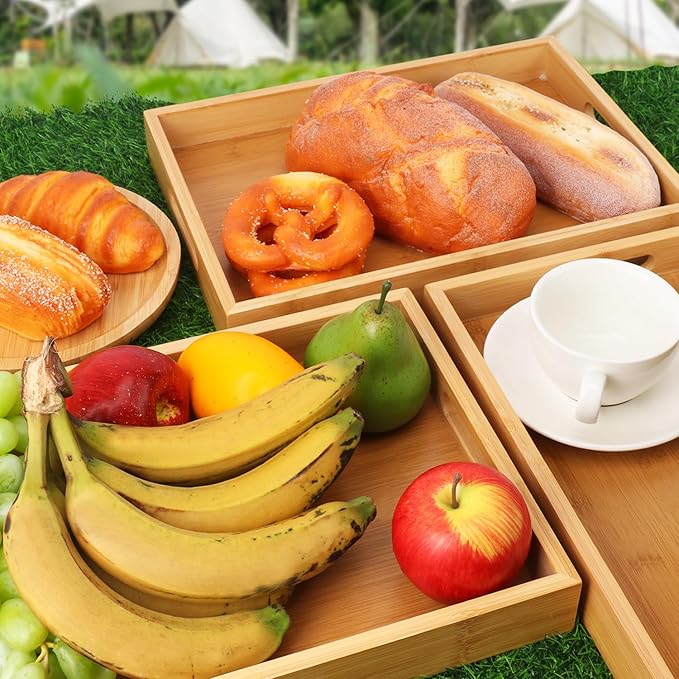 3 Pack Large Bamboo Serving Tray with Handles, 14 x 10 inch Wooden Dinner Tray, Home Kitchen Breakfast Trays for Living Room Bedroom Kitchen Dinner Table, Picnic-Ruum Studio Home