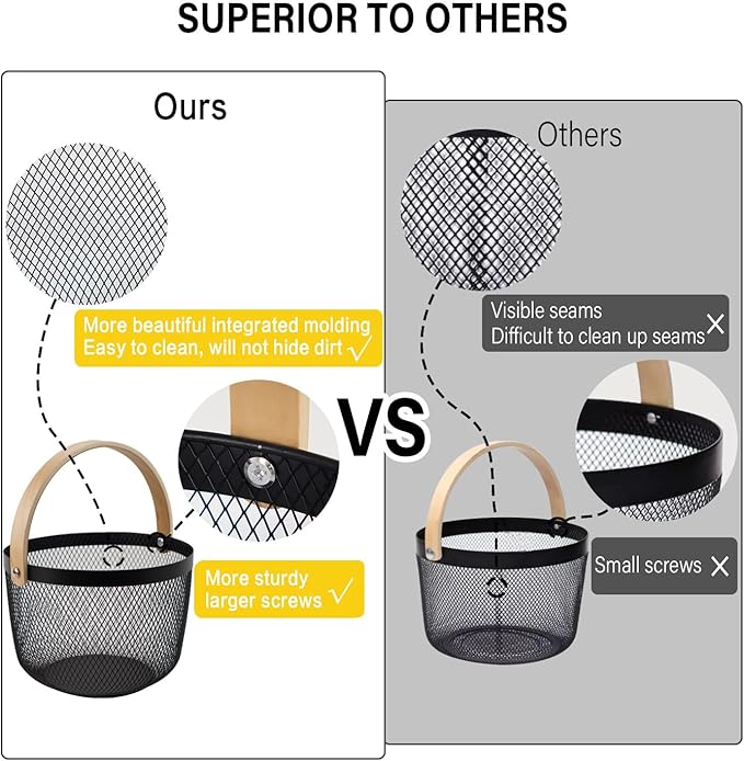 Metal Mesh Steel Basket, Garden Harvest Basket for Gathering Vegetables Round Wire Basket with Handle Storage Organizer Multi-functional Hanging Fruit Basket for Kitchen Bathroom Picnic-Ruum Studio Home