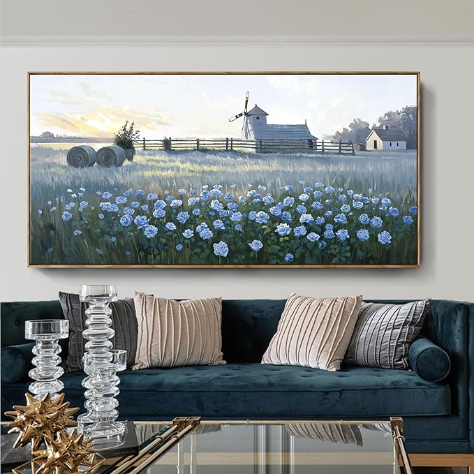 amatop Extra Large Wall Art Bedroom – Framed Country Landscape Canvas Art Blue Floral Field Windmill Print with Natural Wood Frame Rustic Wildflower Picture Home Decor for Living Room Office 58x29 Inch-Ruum Studio Home