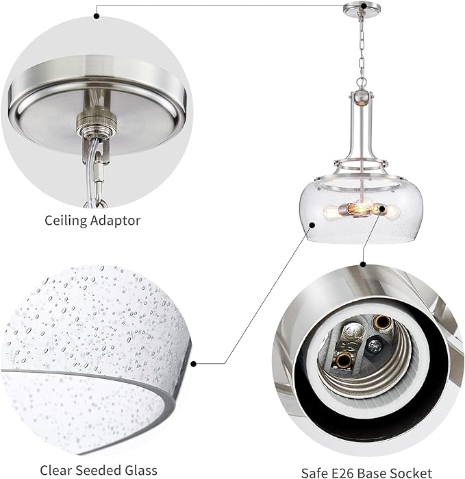 WUZUPS Chandelier Rustic Farmhouse Industrial Round Ceiling Pendant LED Light Fixture Clear Seeded Glass Shade for Dining Room Kitchen Island Foyer Entryway, H 20.9" x W 15.9", Brushed Nickel-Ruum Studio Home