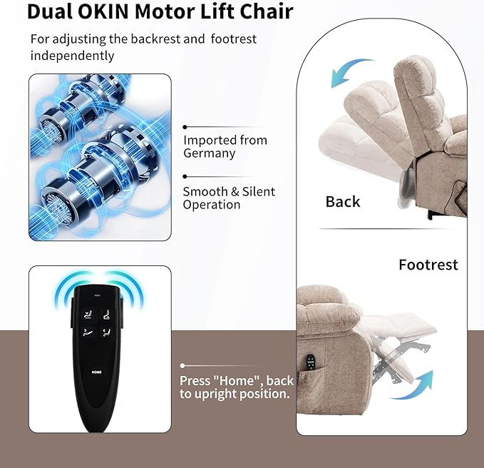 Lay Flat Recliner with Vibration Massage and Lumbar Heating, 26'' Wide Recliner Chair with Infinite Position and 2 Remote Controls, Soft Chenille Lift Recliner for Living Room, Khaki-Ruum Studio Home