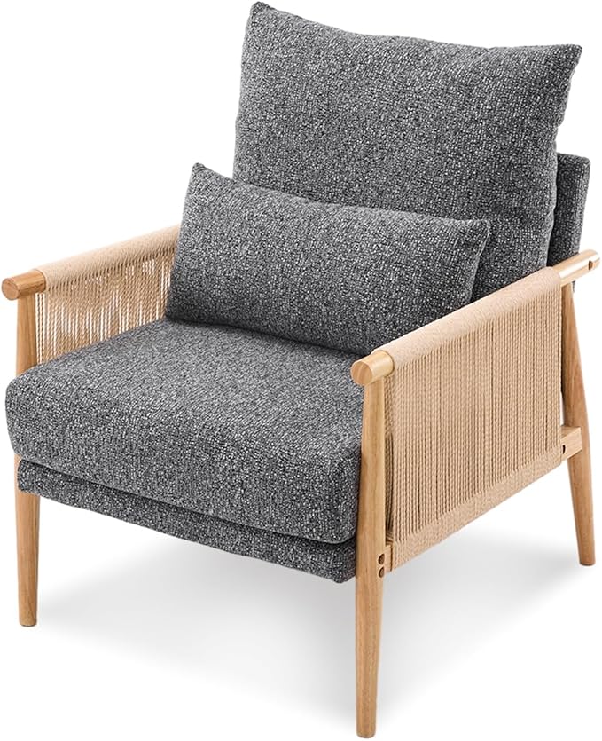 VINGLI Boho Braid Accent Armchair,Mid-Century Modern Chiar with Solid Wooden Armrest,Comfy Louge Cushion Chair with Waist Pillow for Bedroom,Living Room,Reading Room, Gray-Ruum Studio Home