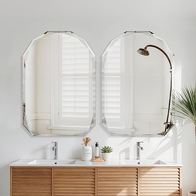 Bathroom Mirror for Wall, 26" x 38" Arched Mirror, Bathroom Vanity Mirror, Beveled Edge Frameless Wall Mount Vanity Mirrors, Wall Mirrors Decorative, Irregular Beveled Edge Mirror-Ruum Studio Home