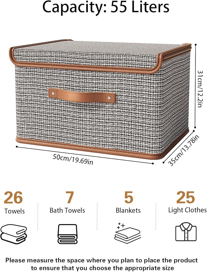 Tuza 2 Pack Storage Bins with Lids, Collapsible Closet Organizer Container, Fabric Organizer Box with Handles, Decorative Storage Boxes with Lids for Organizing Clothes, Sheet, Light Grey, Extra Large-Ruum Studio Home