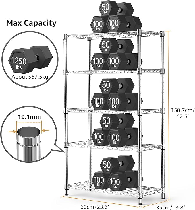 1250 lbs Steel Heavy Duty 5-Tier Utility Shelving Unit Steel Organizer Wire Rack for Home,Kitchen,Office,Chrome (13.7" D x 23.6" W x 62.4" H)-Ruum Studio Home