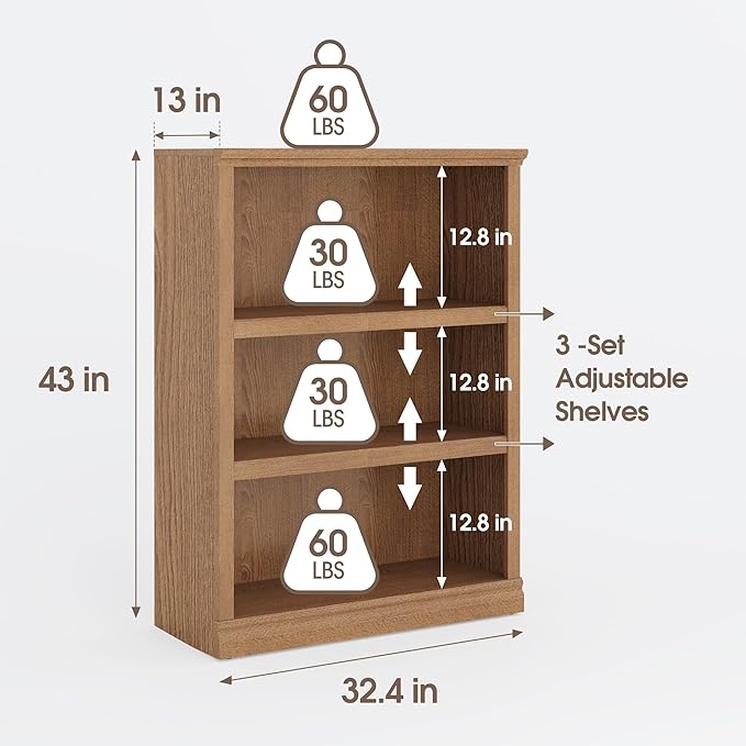 43 in Tall Bookcase, 3-Tier Bookshelf Open Storage, 33 inch Wide Floor Standing Indoor Furniture, Book Cases for Home School Library Office Bedroom Kids, Oak 3 Tiers-Ruum Studio Home