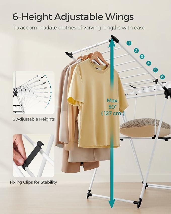 SONGMICS Clothes Drying Rack, Foldable 2-Level Laundry Drying Rack, Free-Standing Airer, 1 Additional Tall Hanging Bar, 2 Height-Adjustable Wings, 24 Drying Rails, Space Savng, Simply White ULLR521W01-Ruum Studio Home