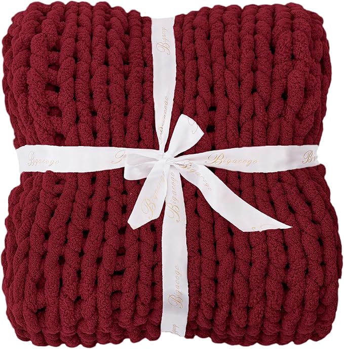 Bigacogo Chunky Knit Throw Blanket for Couch, 40x60 inches, 100% Hand Knitted with Thick Jumbo Chenille Yarn, Cozy Soft Large Rope Knot Cable Crochet Blankets for Sofa Bed Living Room, Red-Ruum Studio Home