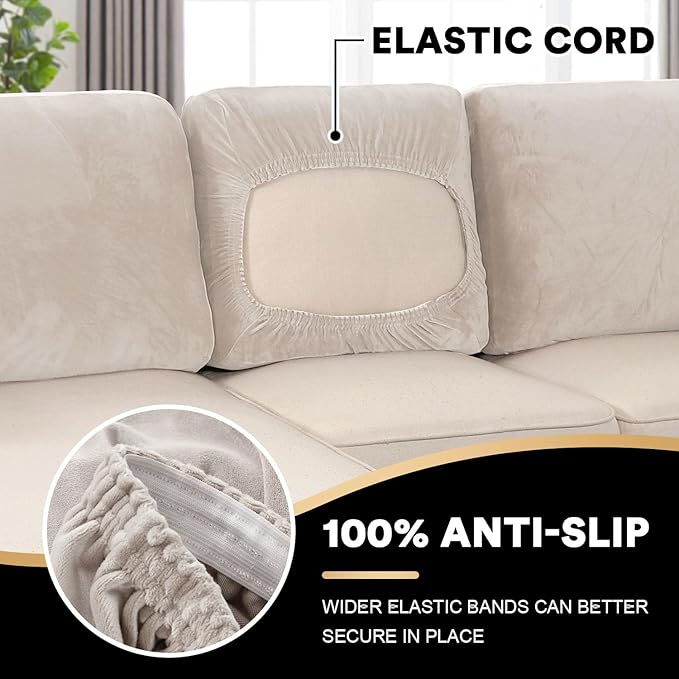 PrinceDeco Sectional Couch Covers Velvet Cushion Covers for Sectional Couch Cushion Covers for Sectional Sofa Separate Sectional Sofa Slipcovers Washable(1 Chaise Back+ 2 Sofa Back,Ivory)-Ruum Studio Home