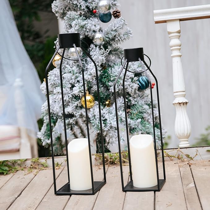 HPC Decor 22'' 19'' Lanterns Decorative w/ Flickering Timer Candles- Large Tall Black Metal Candle Lanterns Set of 2- Modern Farmhouse Decor for Indoor,Outdoor,Tabletop,Porch (No Glass)-Ruum Studio Home