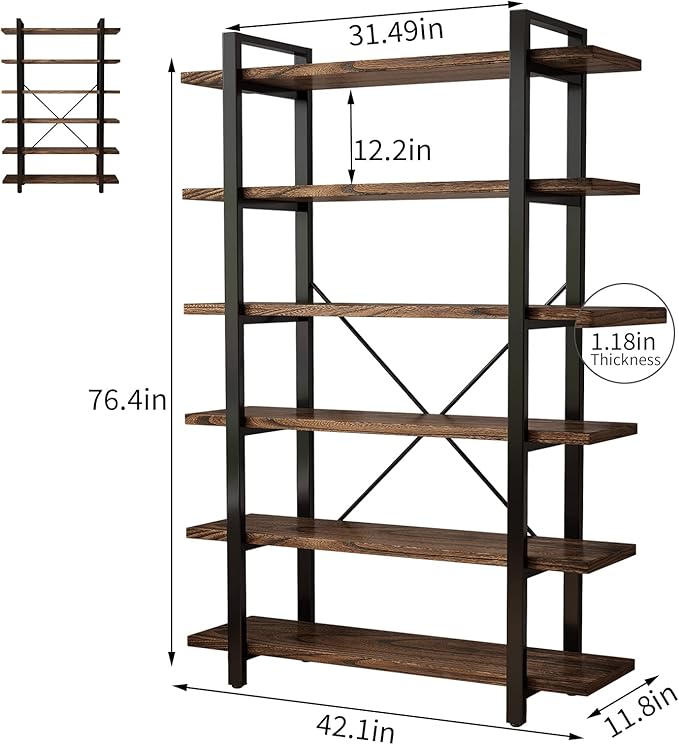 Solid Wood Bookcase and Book Shelves Wood and Metal Shelving Unit 6 Tier Bookshelf Modern Rustic Open Bookshelf Office,Distressed Brown (AY-02-6Tier)-Ruum Studio Home