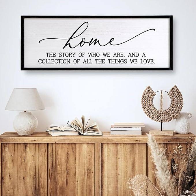 Home The Story of Who We Are Sign Farmhouse Family Wall Decor 32x12 Inch Plaque Wood Framed Art for Hanging (Black)-Ruum Studio Home